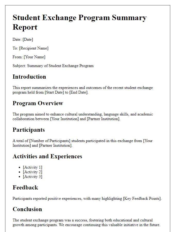 Letter template of student exchange program summary report.