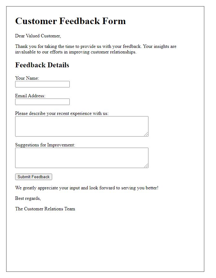 Letter template of Customer Relationship Improvement Feedback