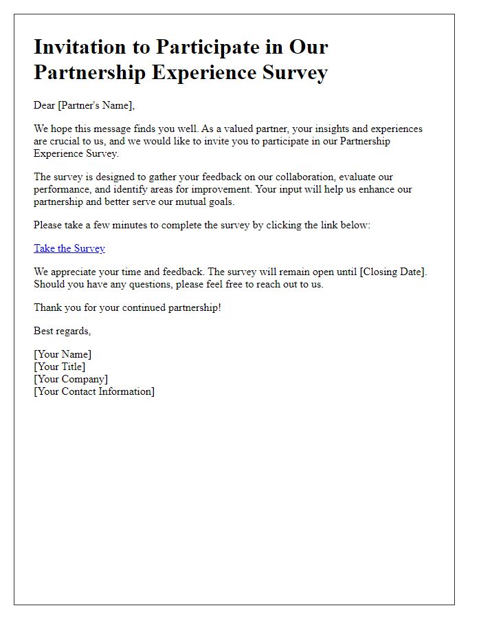 Letter template of Partnership Experience Survey Invitation