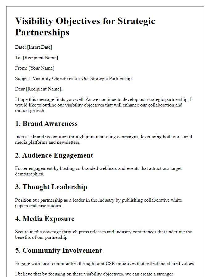 Letter template of visibility objectives for strategic partnerships