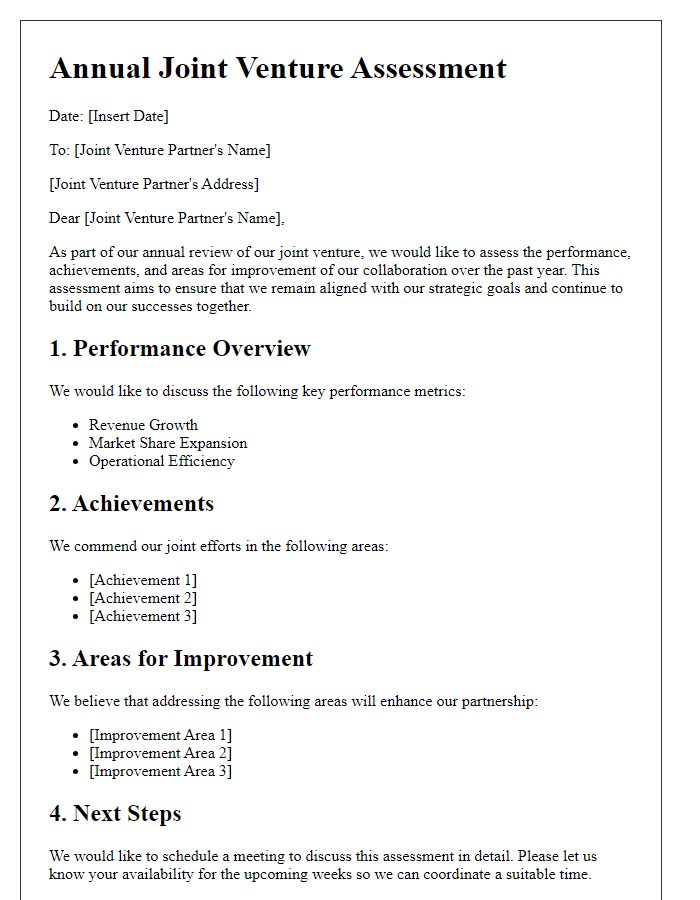 Letter template of annual joint venture assessment