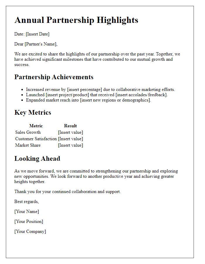 Letter template of annual partnership highlights overview