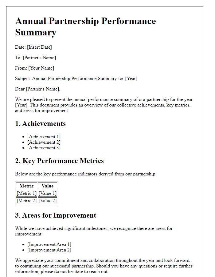 Letter template of annual partnership performance summary