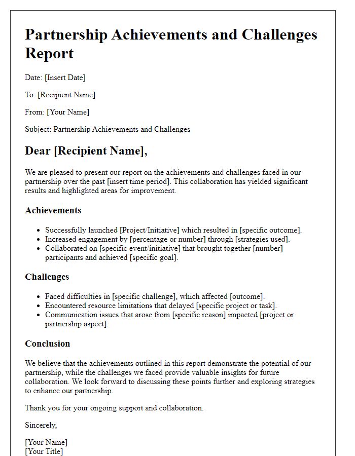 Letter template of partnership achievements and challenges report