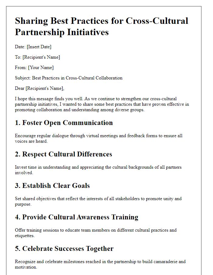 Letter template of sharing best practices for cross-cultural partnership initiatives