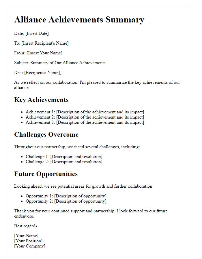 Letter template of alliance achievements summary