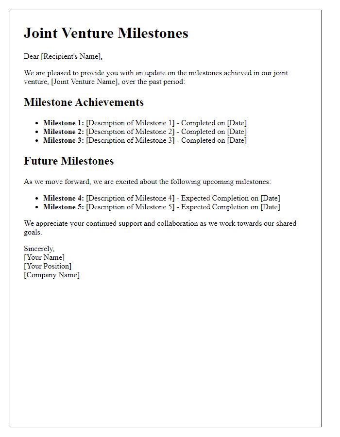 Letter template of joint venture milestones