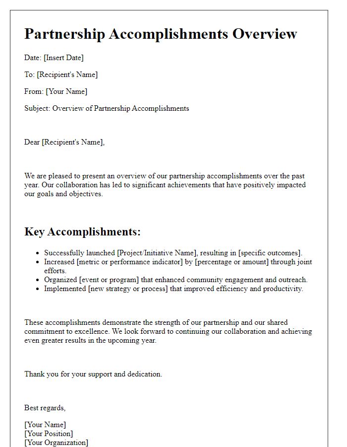 Letter template of partnership accomplishments overview