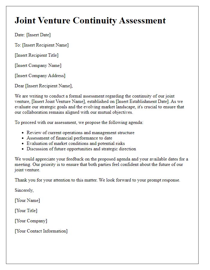 Letter template of joint venture continuity assessment