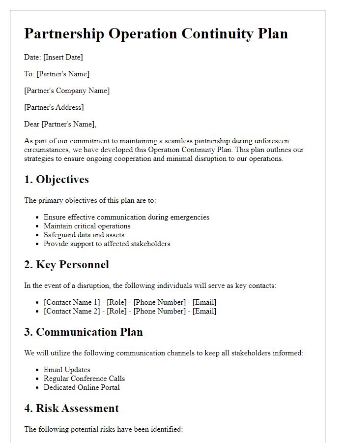 Letter template of partnership operation continuity plan