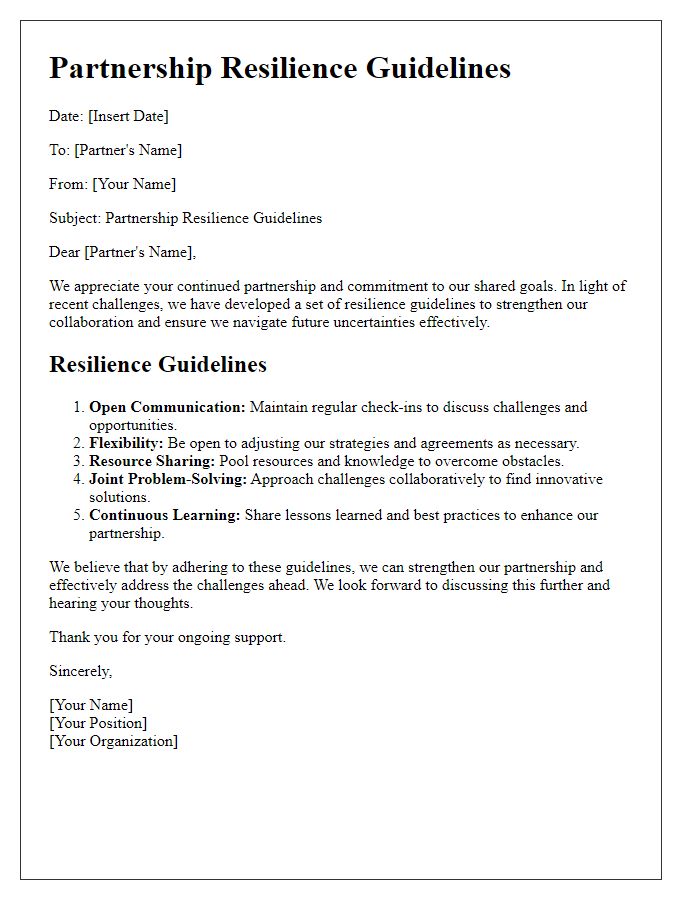 Letter template of partnership resilience guidelines