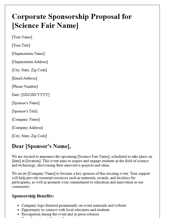 Letter template of corporate sponsorship proposal for a science fair.