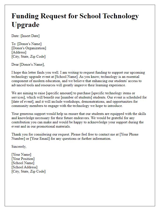 Letter template of funding request for a school technology upgrade event.