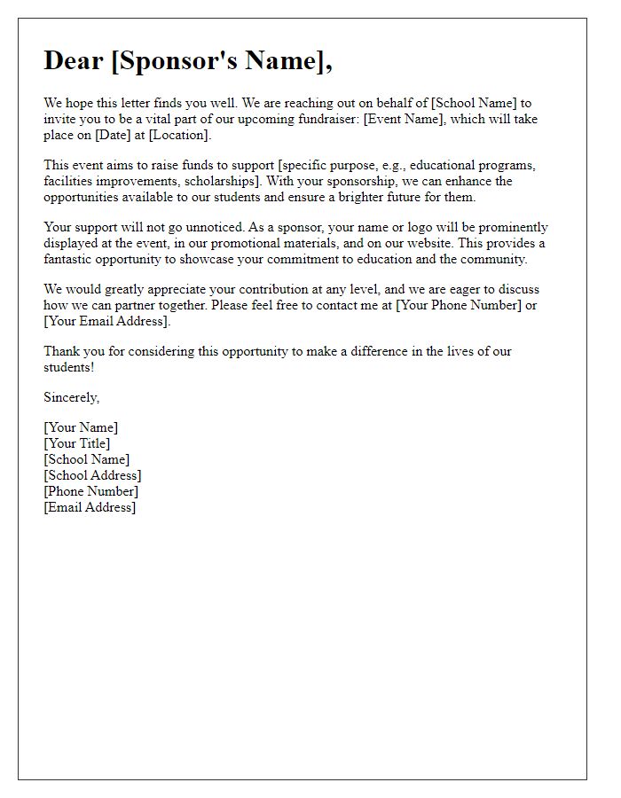 Letter template of fundraising sponsorship appeal for a school fundraiser.