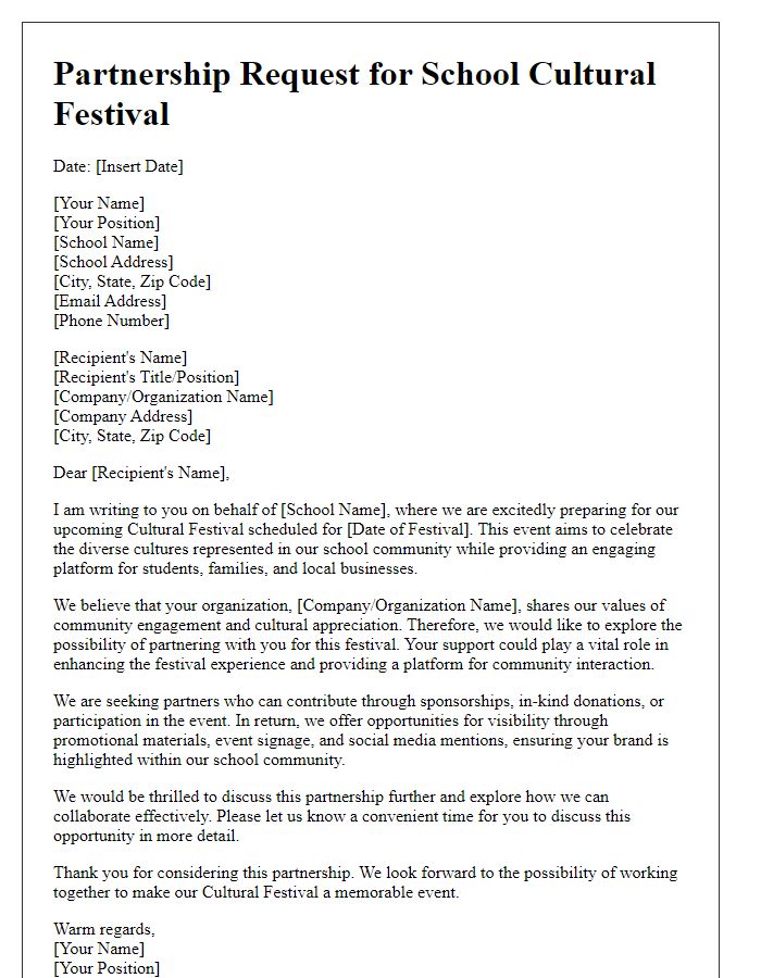 Letter template of partnership request for a school cultural festival.