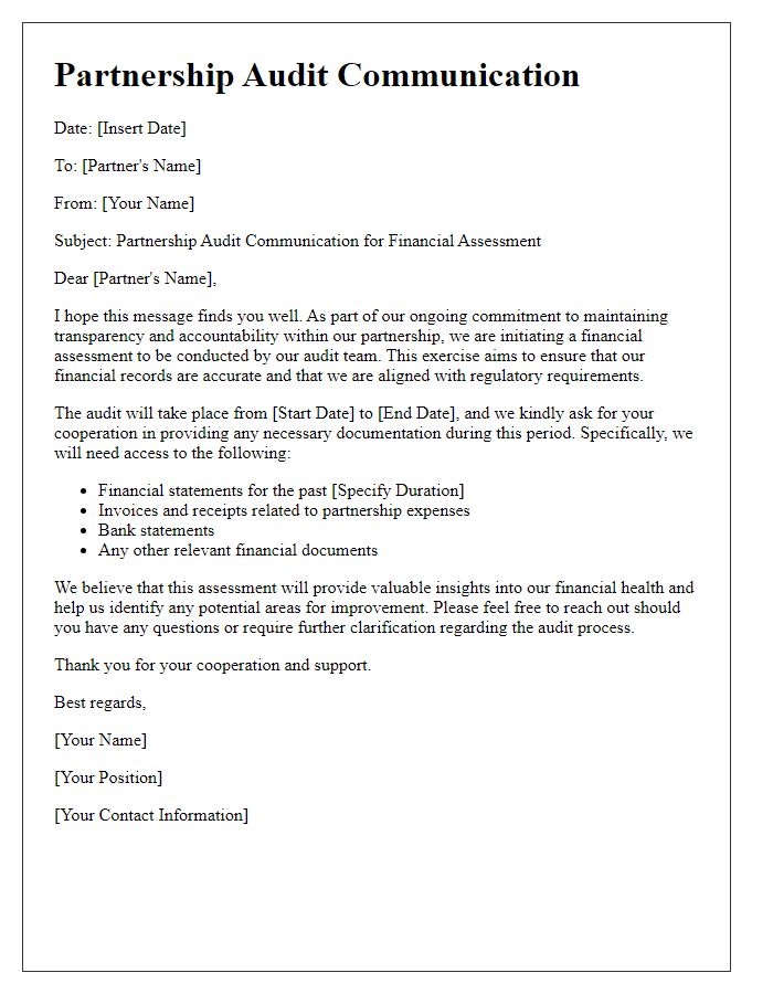 Letter template of partnership audit communication for financial assessment.