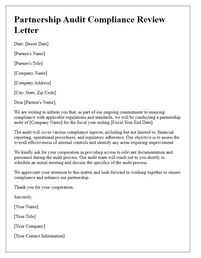 Letter template of partnership audit letter for compliance review.