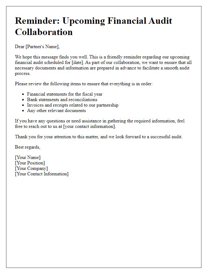 Letter template of partnership financial audit reminder for collaboration.