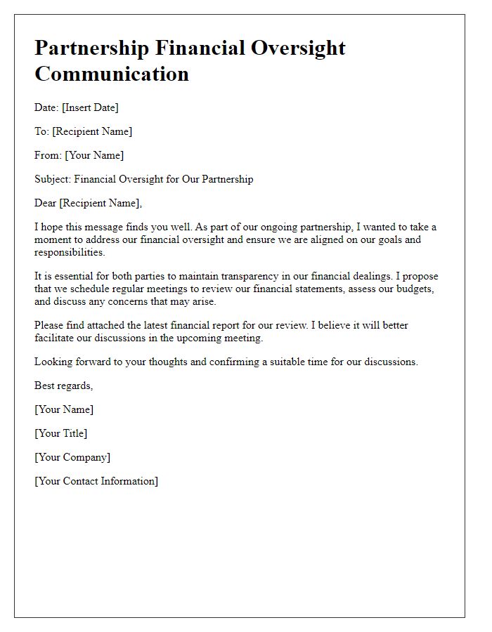 Letter template of partnership financial oversight communication.