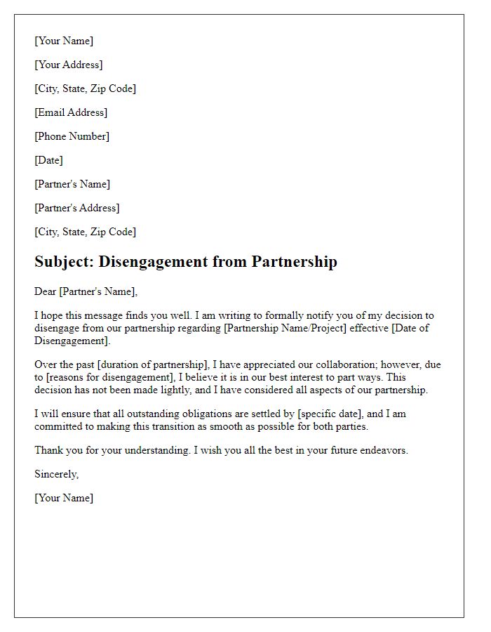 Letter template of disengagement from inactive partnership