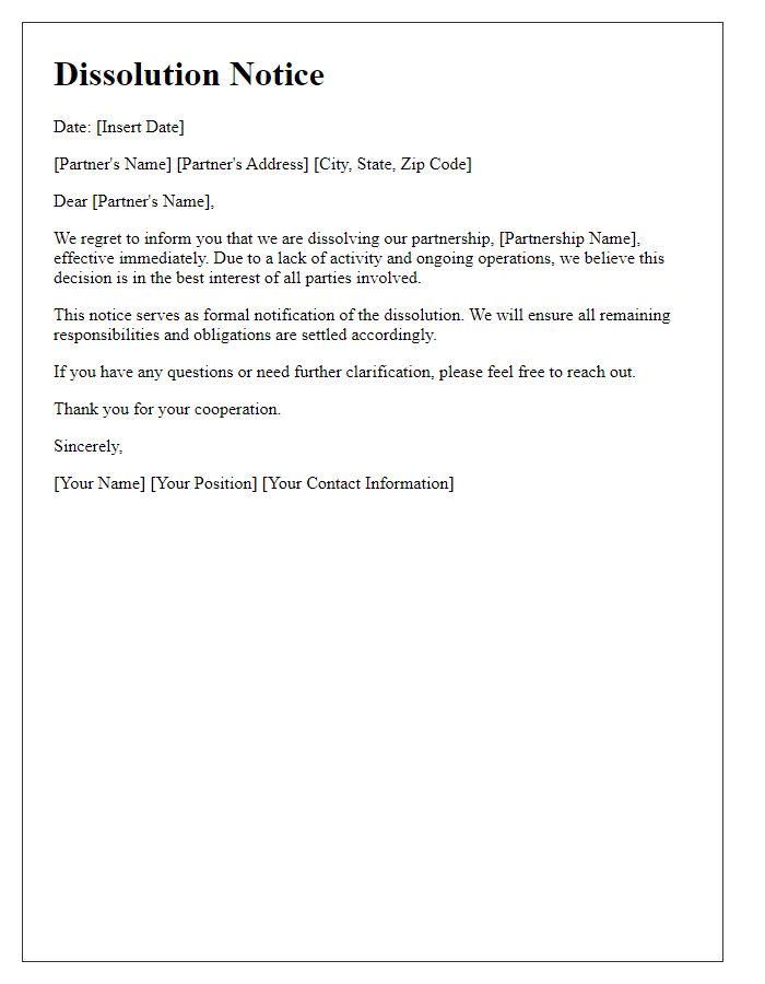 Letter template of dissolution notice for non-active partnership