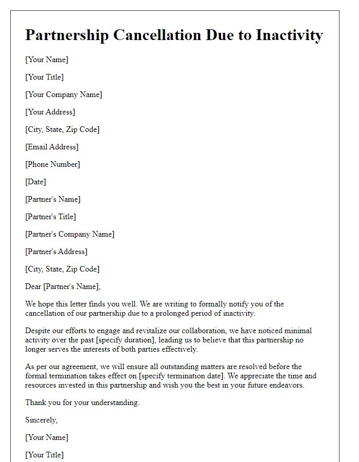 Letter template of partnership cancellation due to inactivity