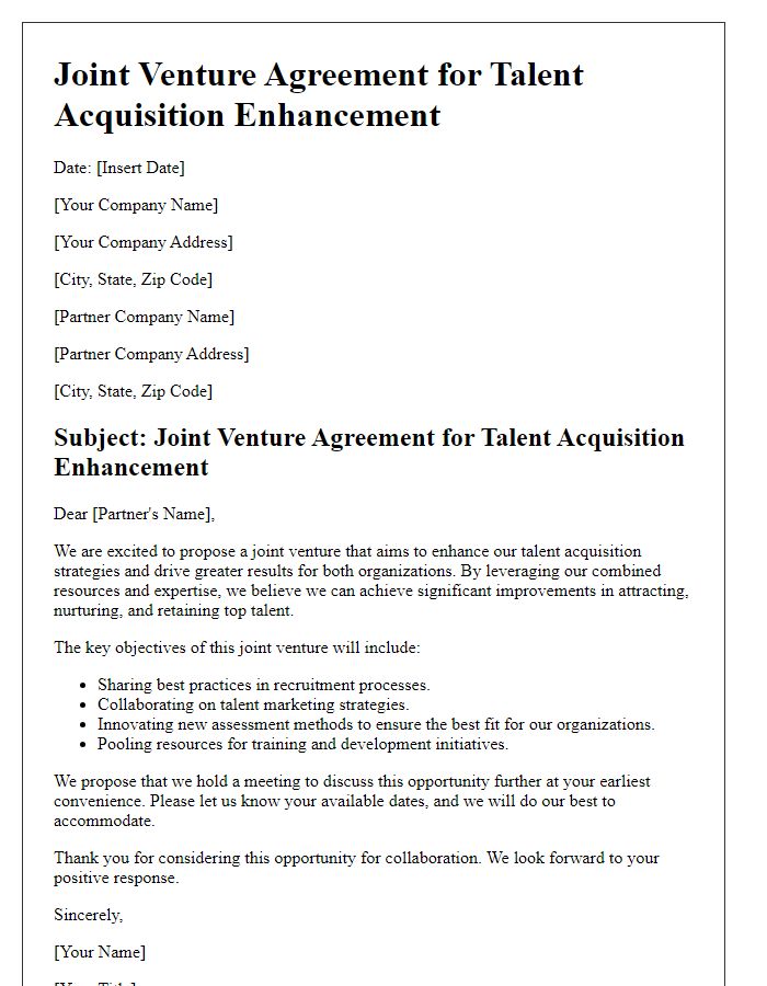 Letter template of joint venture for talent acquisition enhancement.