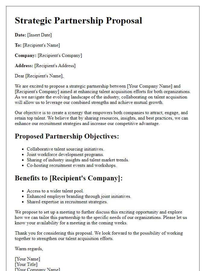 Letter template of strategic partnership proposal for talent acquisition.