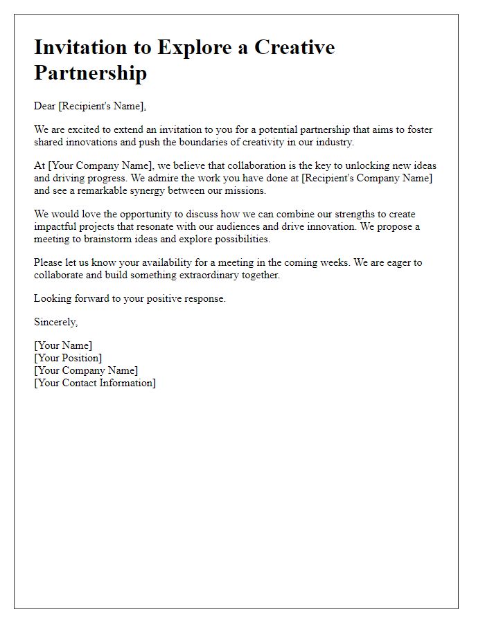 Letter template of creative partnership invitation for shared innovations