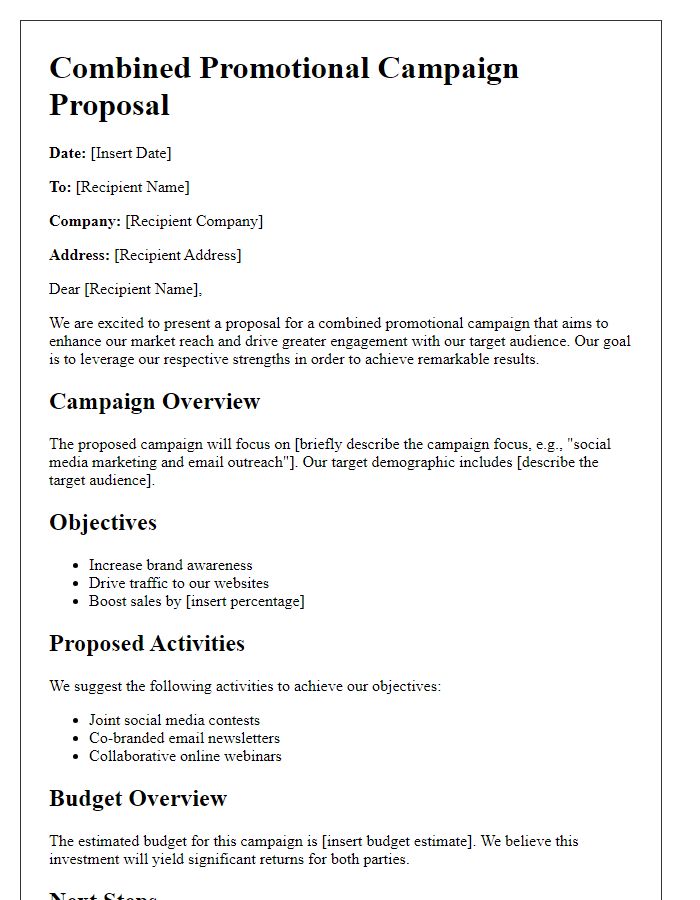 Letter template of combined promotional campaign proposal