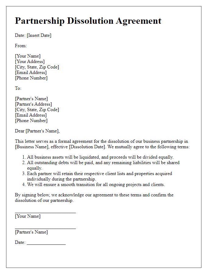 Letter template of agreement for dissolving a business partnership