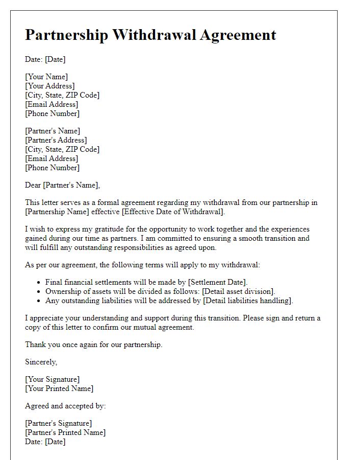 Letter template of agreement for withdrawing from partnership