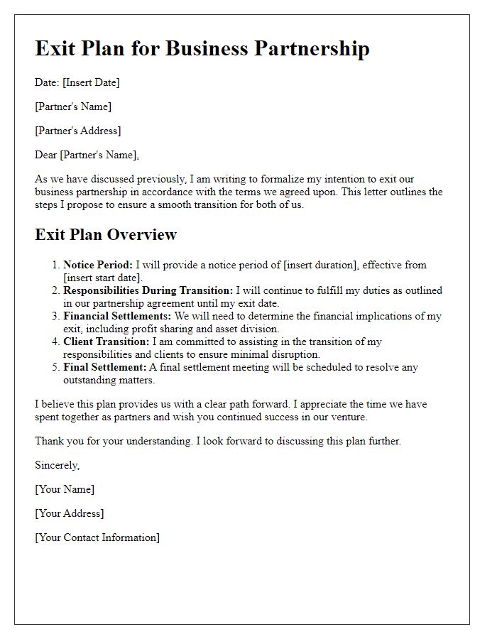 Letter template of exit plan for business partnerships