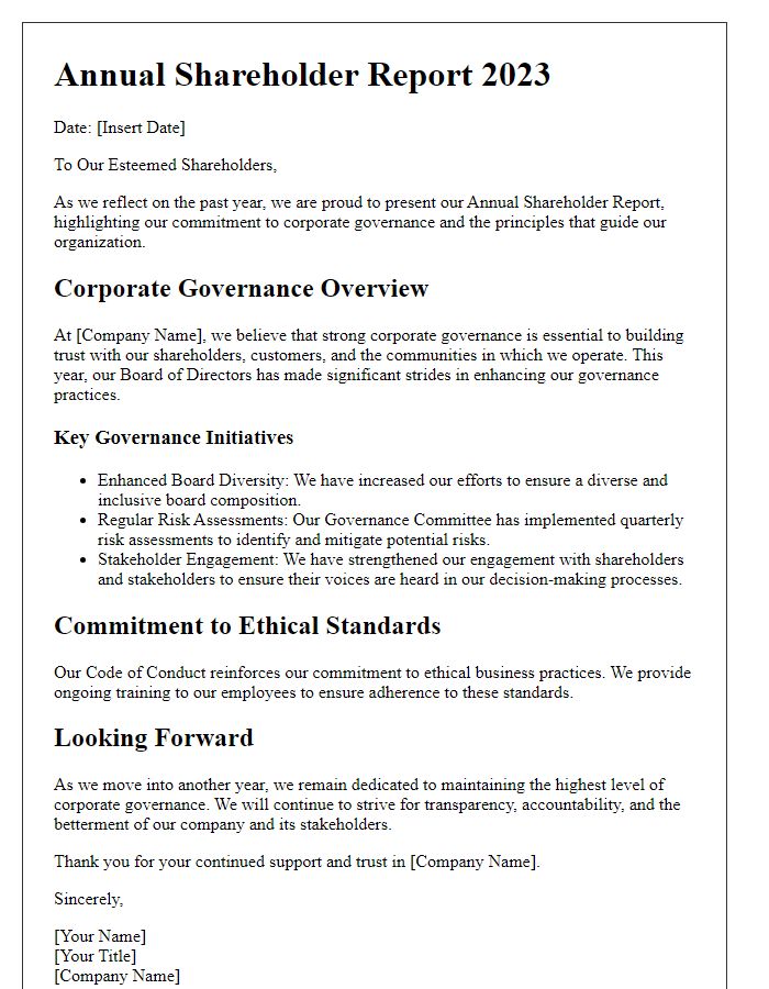 Letter template of annual shareholder report addressing corporate governance