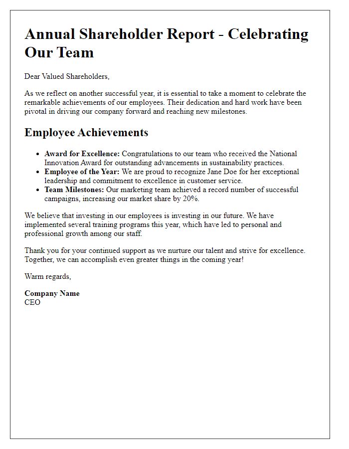 Letter template of annual shareholder report celebrating employee achievements