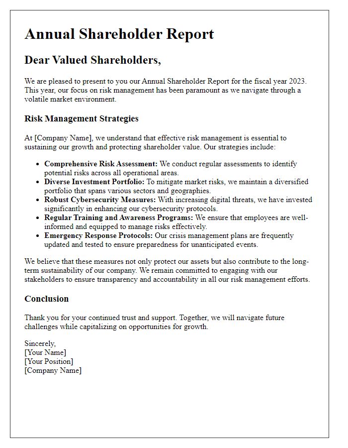 Letter template of annual shareholder report covering risk management strategies