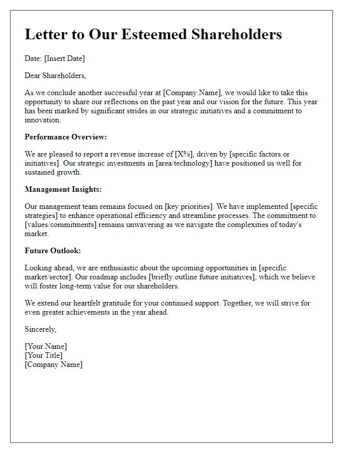 Letter template of annual shareholder report detailing management insights