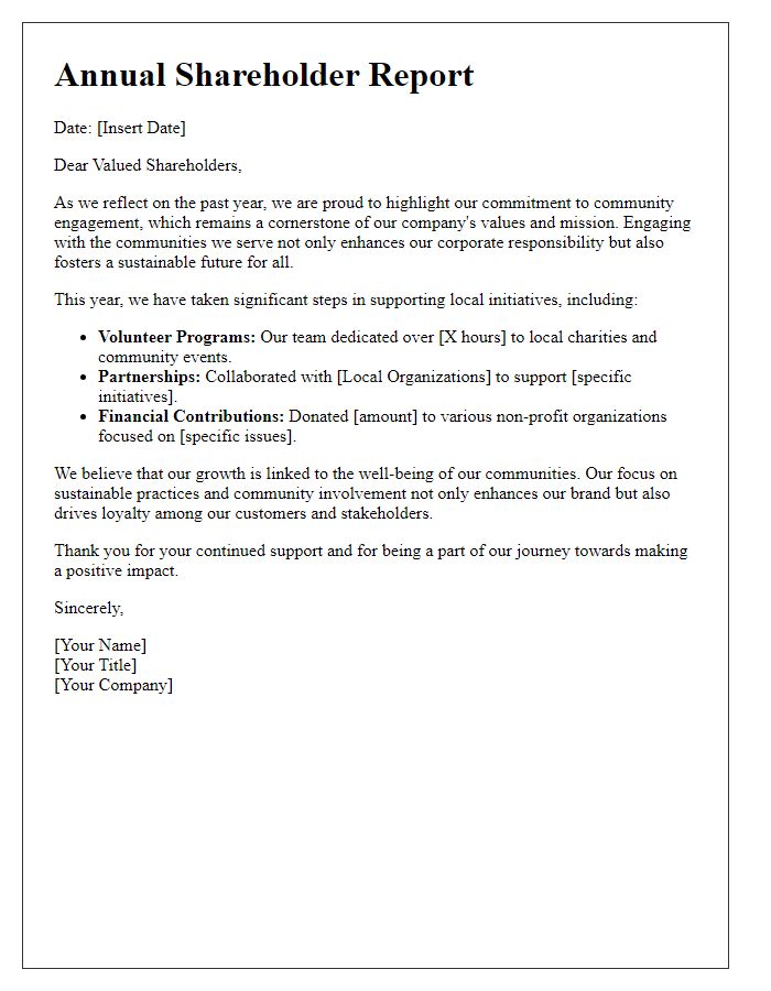 Letter template of annual shareholder report emphasizing community engagement