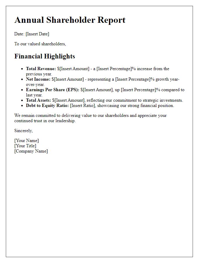 Letter template of annual shareholder report focused on financial highlights