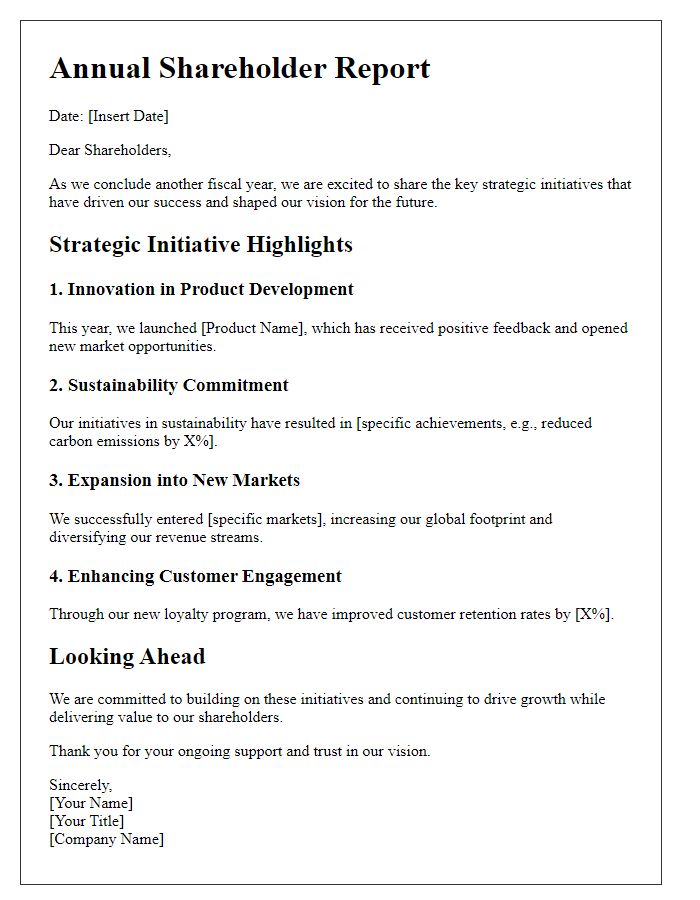 Letter template of annual shareholder report highlighting strategic initiatives