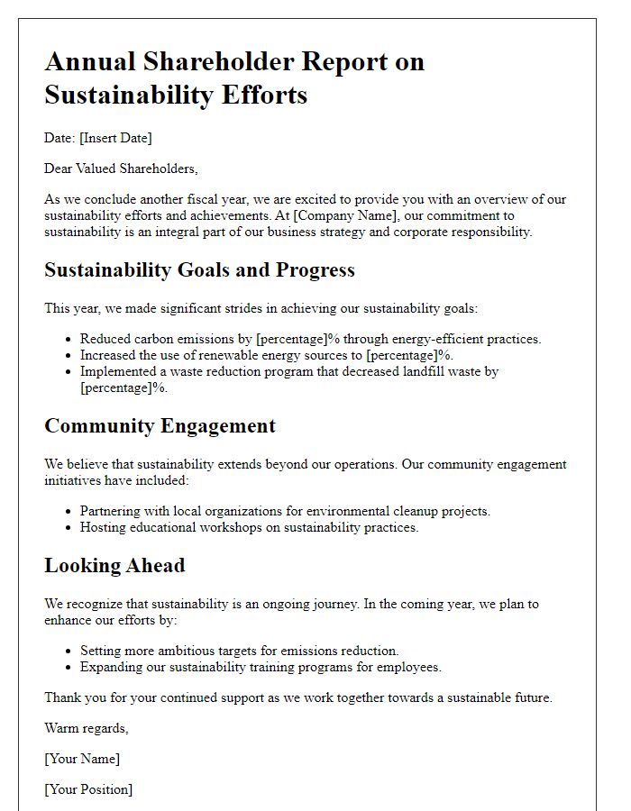 Letter template of annual shareholder report for sustainability efforts