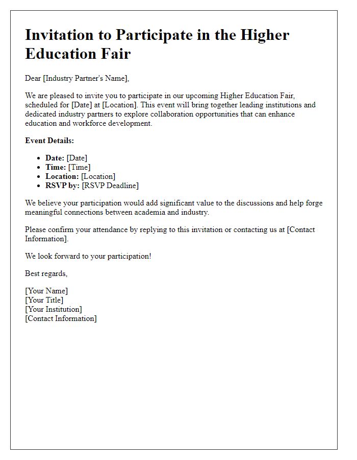 Letter template of Higher Education Fair Invitation for Industry Partners