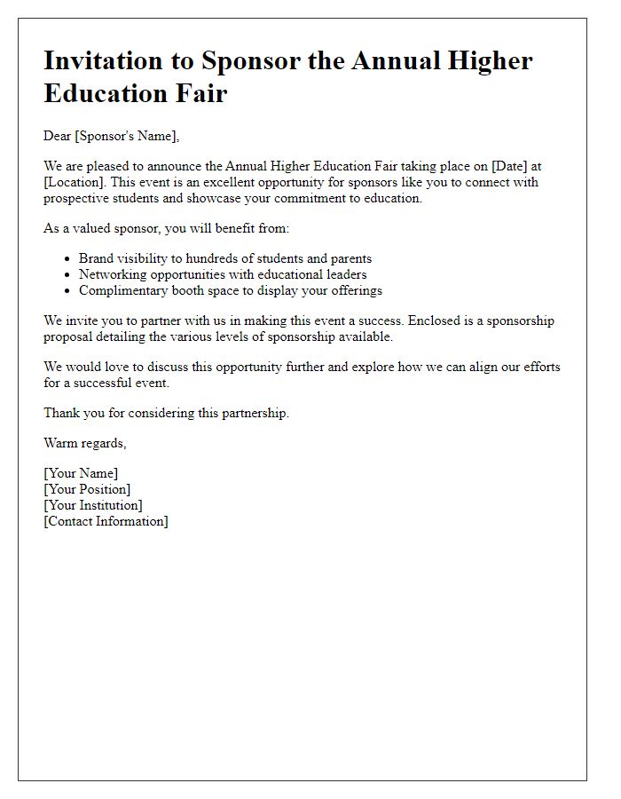 Letter template of Higher Education Fair Invitation for Sponsors