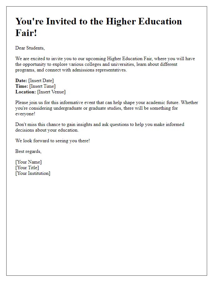 Letter template of Higher Education Fair Invitation for Students