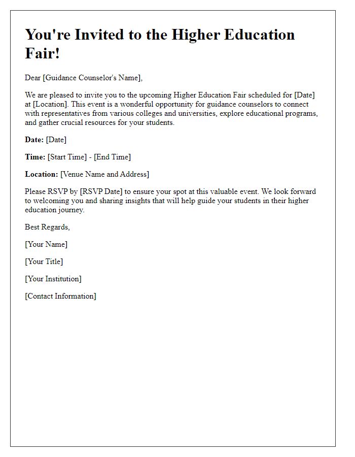 Letter template of Invitation to Higher Education Fair for Guidance Counselors