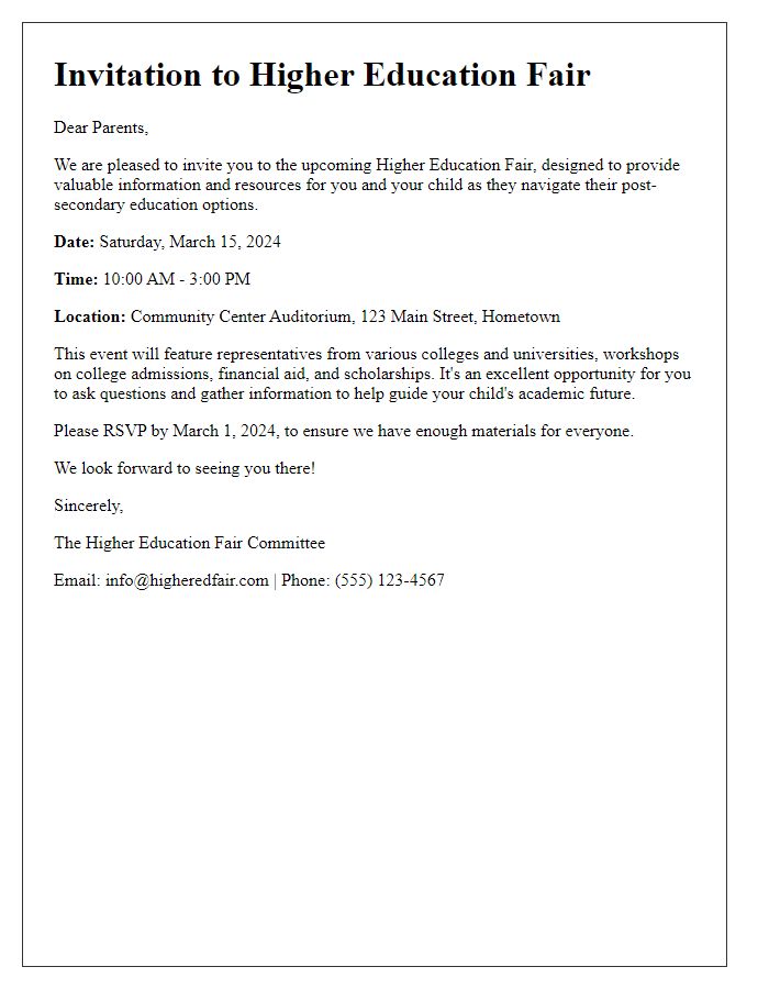 Letter template of Invitation to Higher Education Fair for Parents