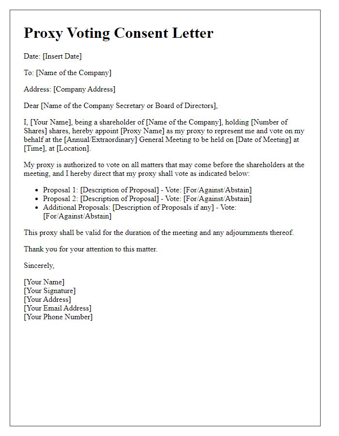 Letter template of proxy voting consent for shareholder representation.