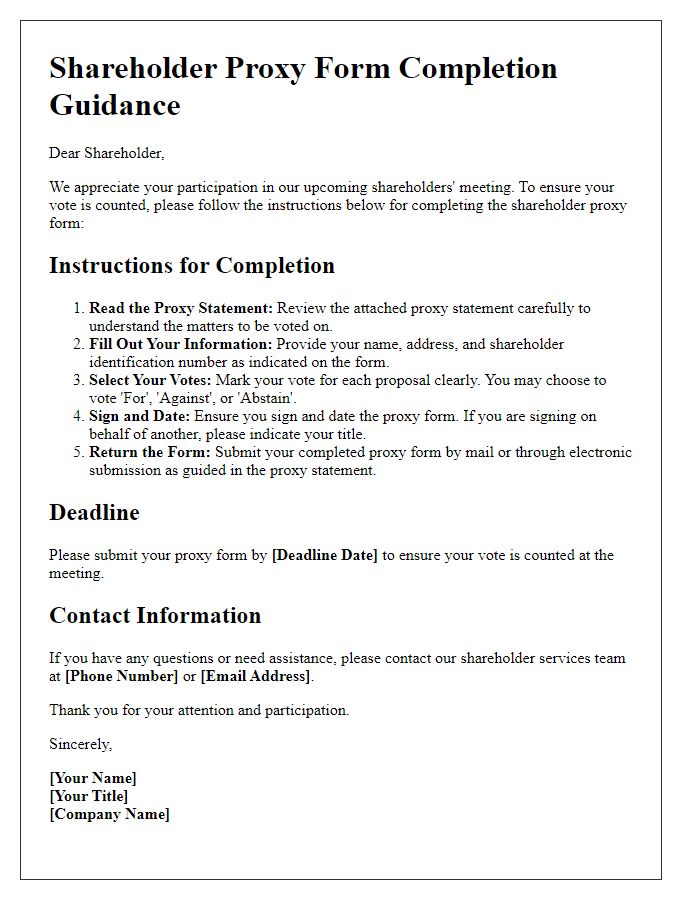 Letter template of shareholder proxy form completion guidance.