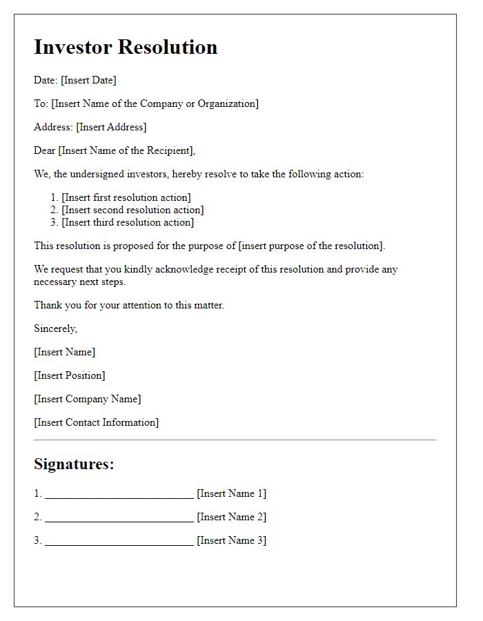 Letter template of investor resolution documentation