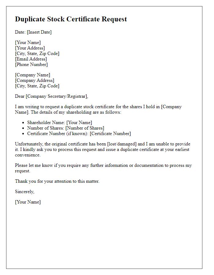 Letter template of duplicate stock certificate request for shareholders